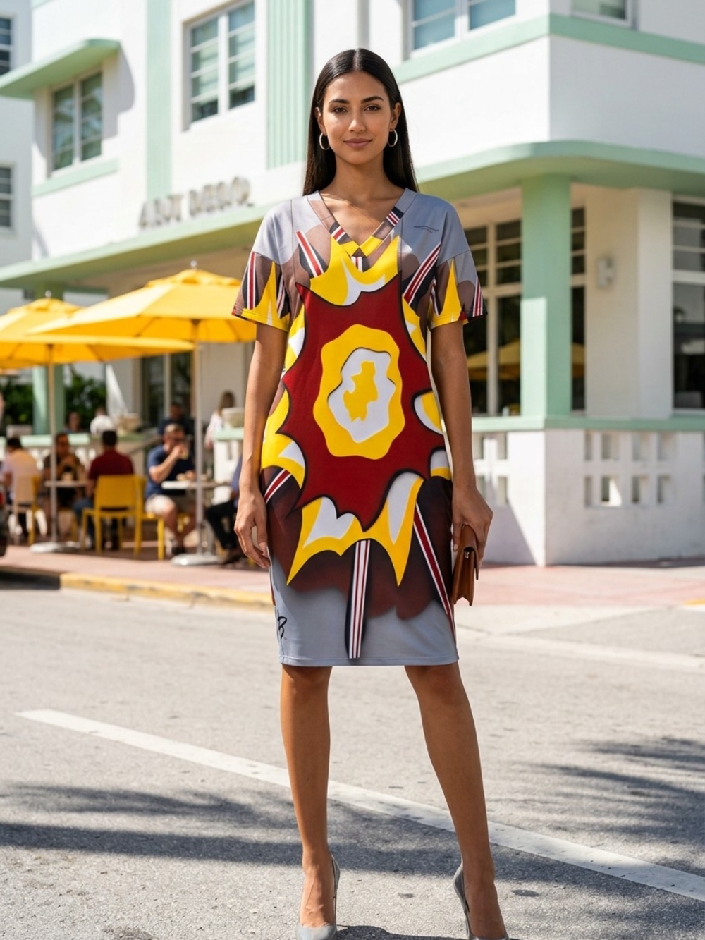 Abstract Graphic Midi Dress in Gray, Yellow & Red | Xplosion °1 × Look #6
